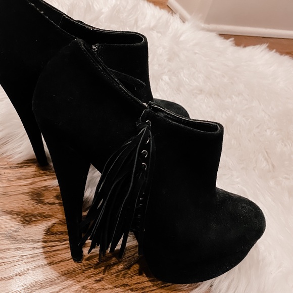 BEBE Black Suede Platform Fringe Ankle Booties 8 - Picture 10 of 16